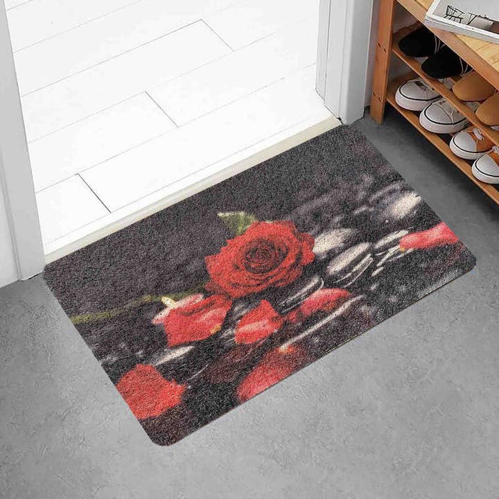 Black Red Roses Floral Non-Slip Absorbent Welcome Door Mat for wholesale by home mart goods