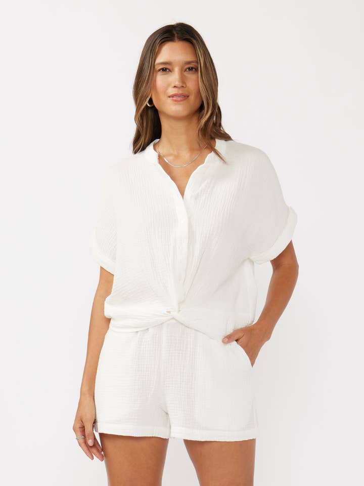 White Dropped Shoulder Knot Front Button-Down Top for wholesale on Faire
