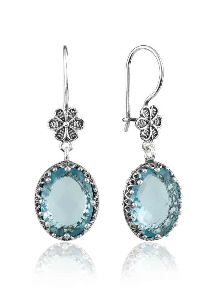 Art Blue Topaz Gemstone Women Silver Dangle Drop Earrings for wholesale by Filigranist Jewelry