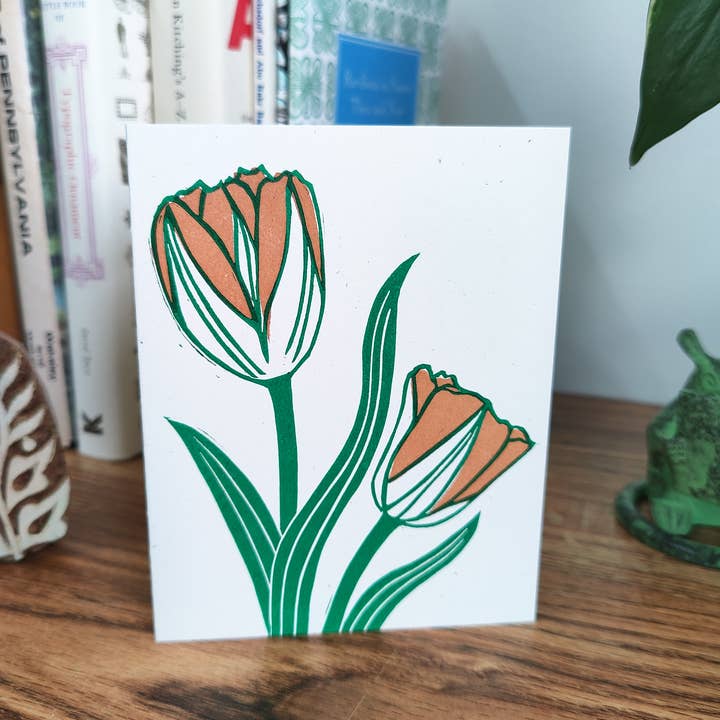 Winter Pickle Press - Wholesale Everyday Greeting Card - Handprinted linocut flowing tulips folded card1