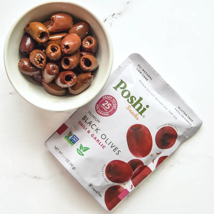 POSHI - Wholesale Olives - Poshi Snacks - Chili & Garlic Pitted Black Olives 1.1oz/102