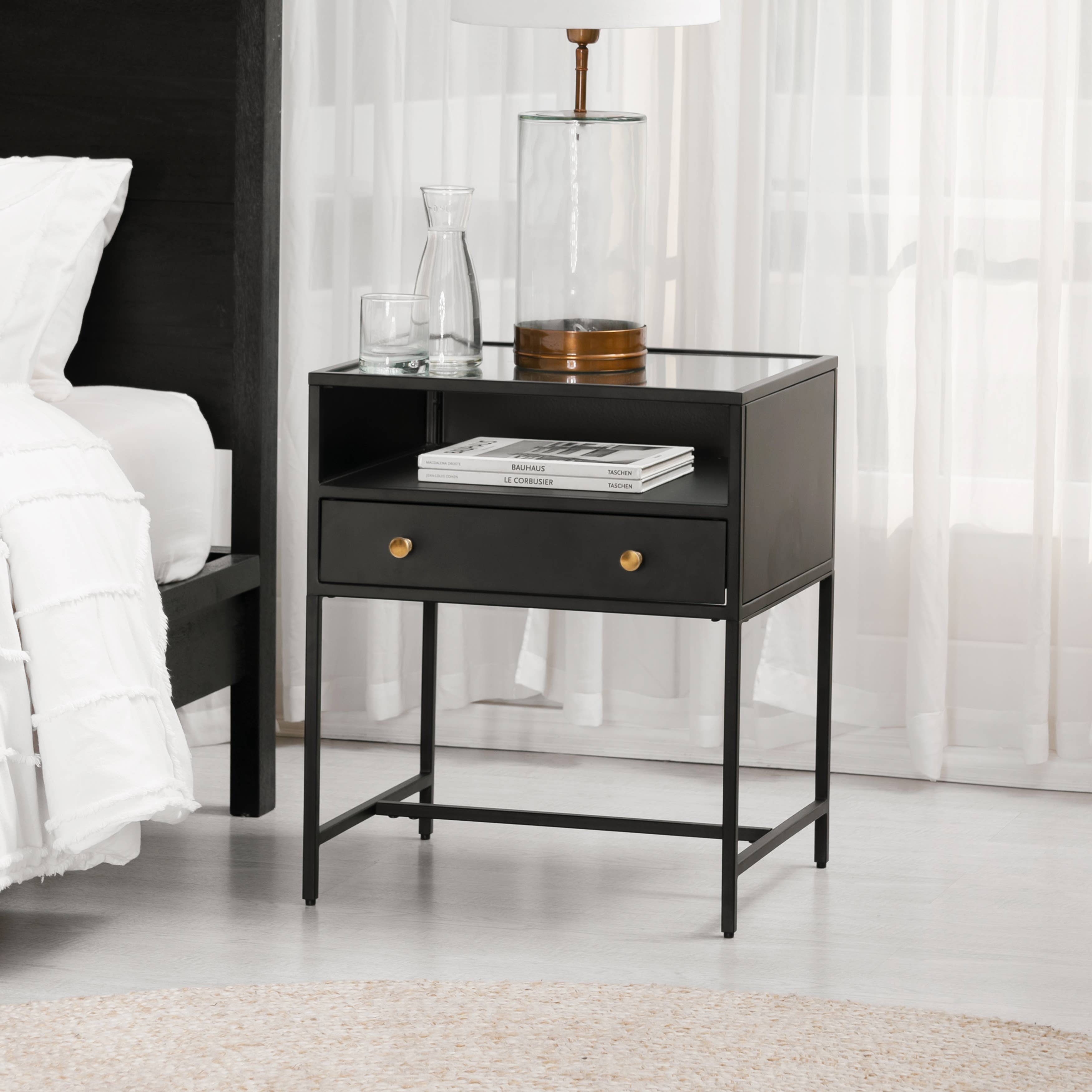 MH London - Wholesale Side Table - Hale Metal Industrial Nightstand with Glass Shadow Box Top1