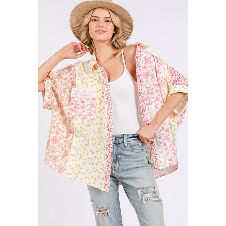PINK MIX PATCHWORK FLORAL OVERSIZED SHIRT (ST7687) for wholesale on Faire