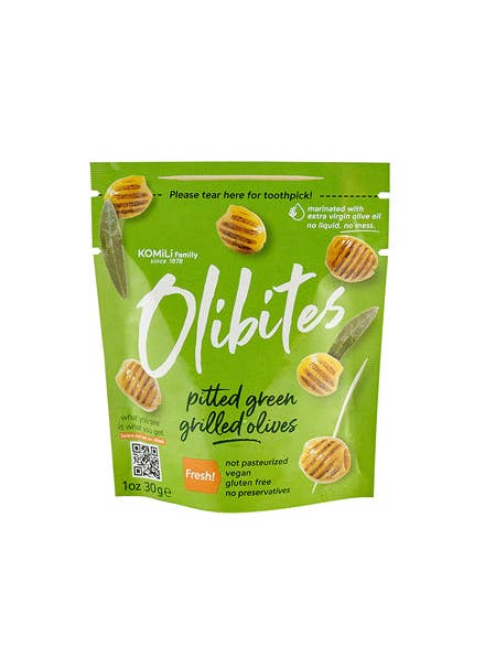 1 oz Pitted Green Grilled Olives for wholesale by Olibites by Komili Family