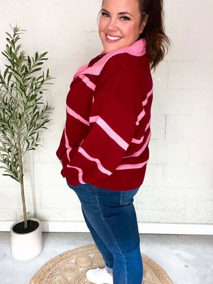 Promenade - Wholesale Knit Sweater - Women's - Fall For You Crimson Stripe Notched Neck Collared Oversized Sweater (Open Pack)