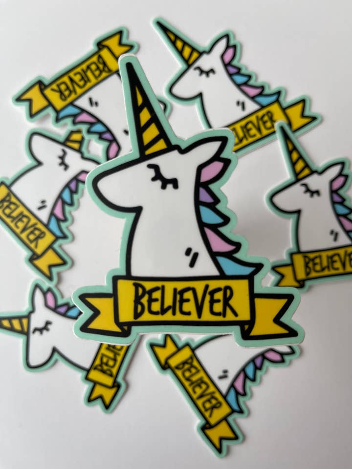 "Believer" Unicorn Vinyl Sticker for wholesale by Breakout Press Co.