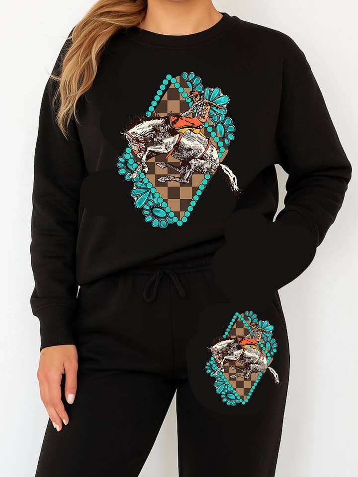 Black Sweatsuit Cowboy Diamond w Turquoise Mix & Match Sizes for wholesale by THE LATTIMORE CLAIM