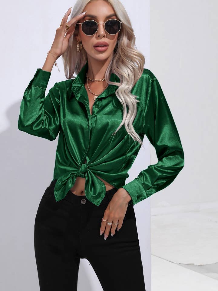 NINEXIS - Wholesale Button Down Shirt - Women's - CWTBLL0690_Button Down Silky Satin Long Sleeve Top49