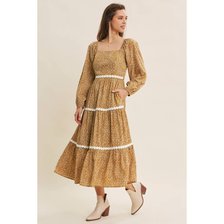 in february - Wholesale Dress - Women's - FLORAL TIERED MIDI SMOCKED DRESS WITH ROUND TRIM
