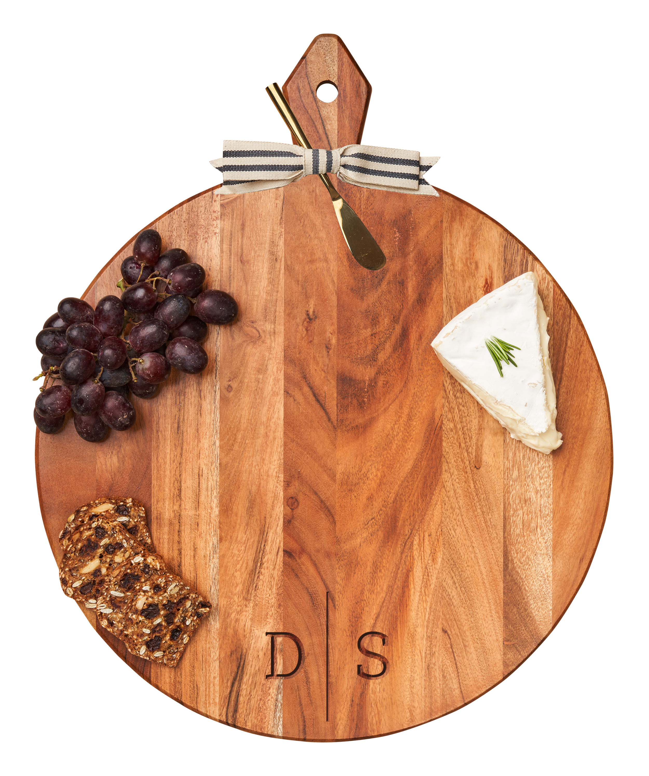 Sophistiplate – wholesale Cheese board – Acacia Heirloom Board w/ Handle Round w/ Gold Spreader and Ribbon | 20 x 16"3