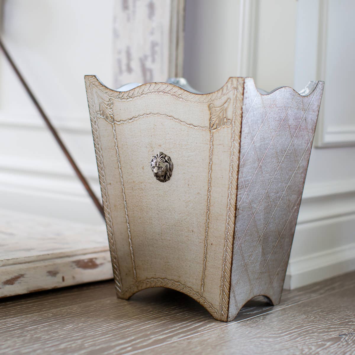 Antique Silver Florentino Leone Wooden Wastebasket for wholesale on Faire2