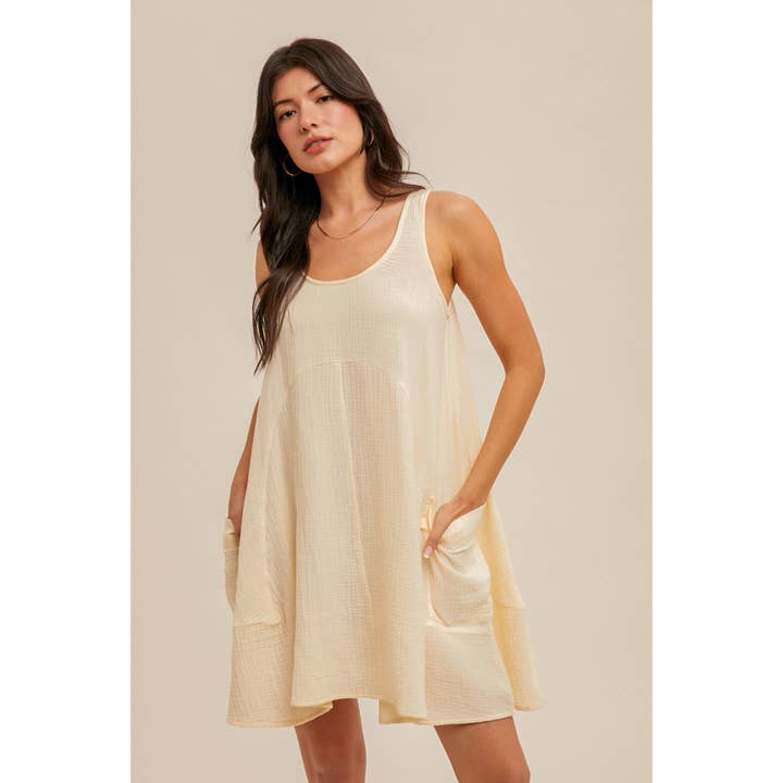 Ärmelloses Minikleid aus Baumwoll-Doppelgaze, fließend, leicht und br. für den Großhandel von Apolline