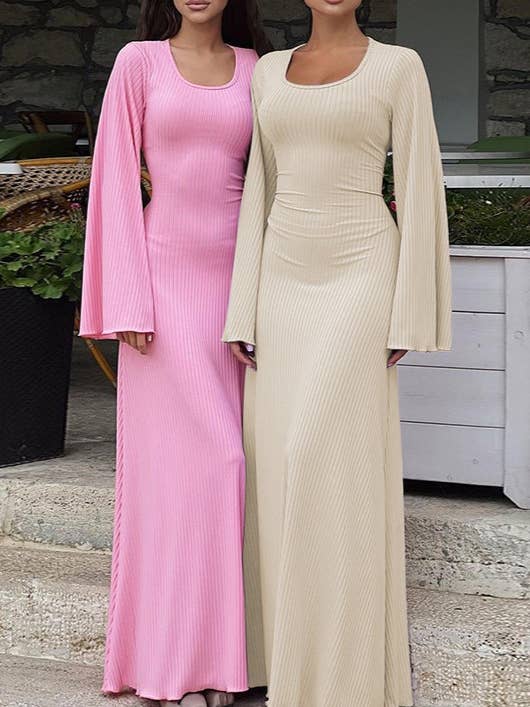 Lace-Up Flared-Sleeved High-Waisted Threaded Maxi Dress for wholesale by Rosa Clothing