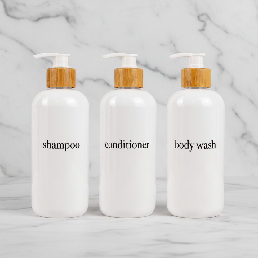 Joie Designs Co. | Refillable Bottles - Wholesale Soap Dispenser - Shampoo & Conditioner Bottle Sets - Refillable | White Dispensers | Bamboo or Plastic Tops4