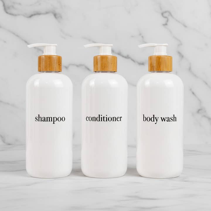Joie Designs Co. | Refillable Bottles - Wholesale Soap Dispenser - Shampoo & Conditioner Bottle Sets - Refillable | White Dispensers | Bamboo or Plastic Tops4