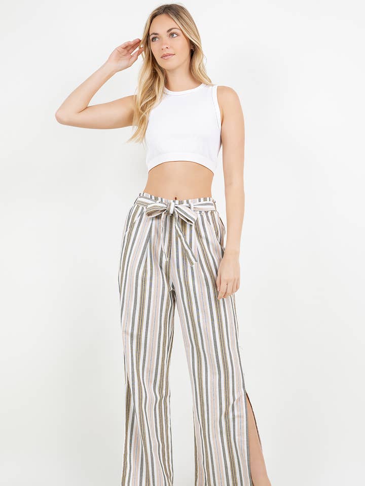 Tie Waist Wide Leg Slit Open Linen Blend Pants for wholesale by Veracci