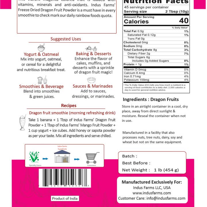 Indus Farms Superfoods - Wholesale Protein/Superfood Powder - 100% Pure Freeze Dried Dragon Fruit Powder, GMO-Free1