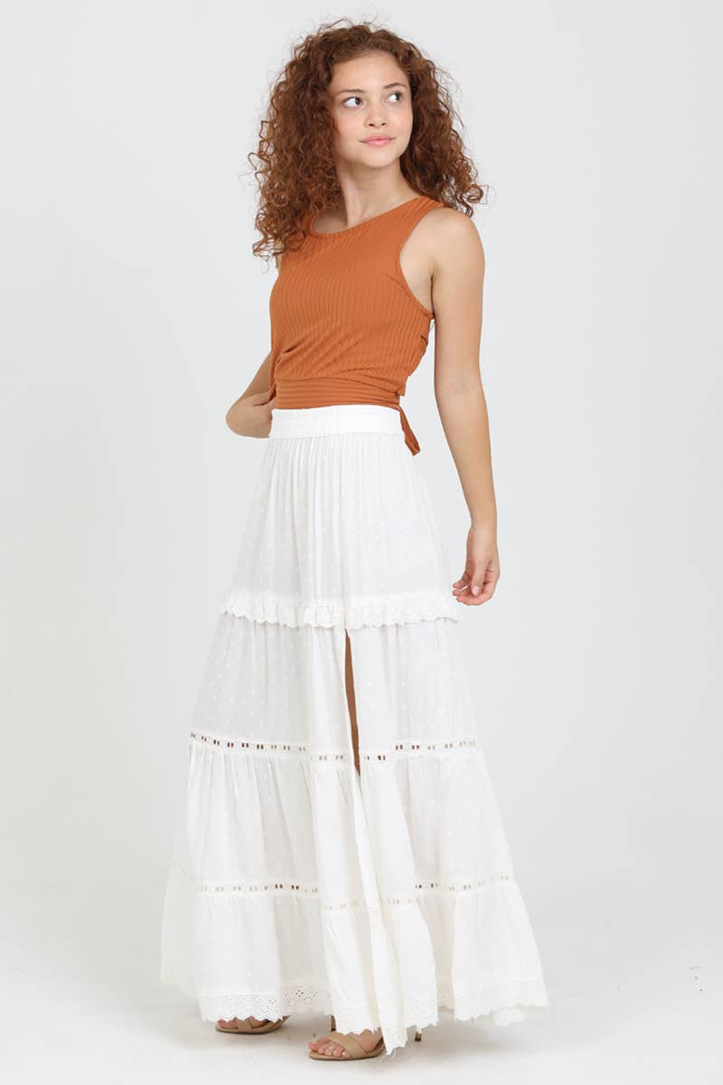 ANGIE – Saia - Mulher por atacado – Saia longa em camadas com detalhe de renda e fenda18