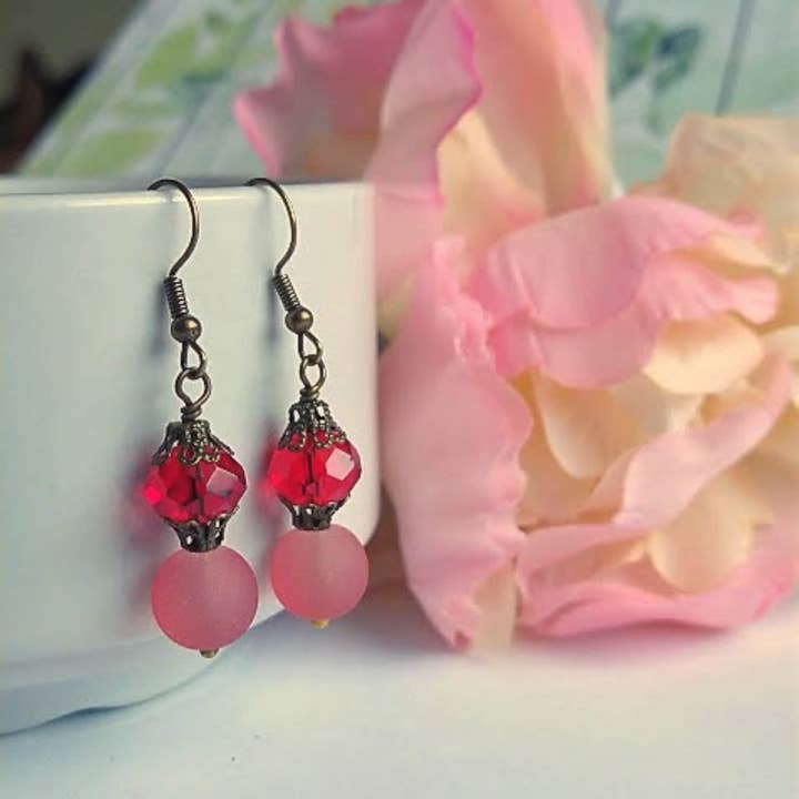 Bad Apple Designs - Wholesale Dangle Earrings - Red Sea Glass Dangle Earrings: Antique Brass, Ruby Stone3