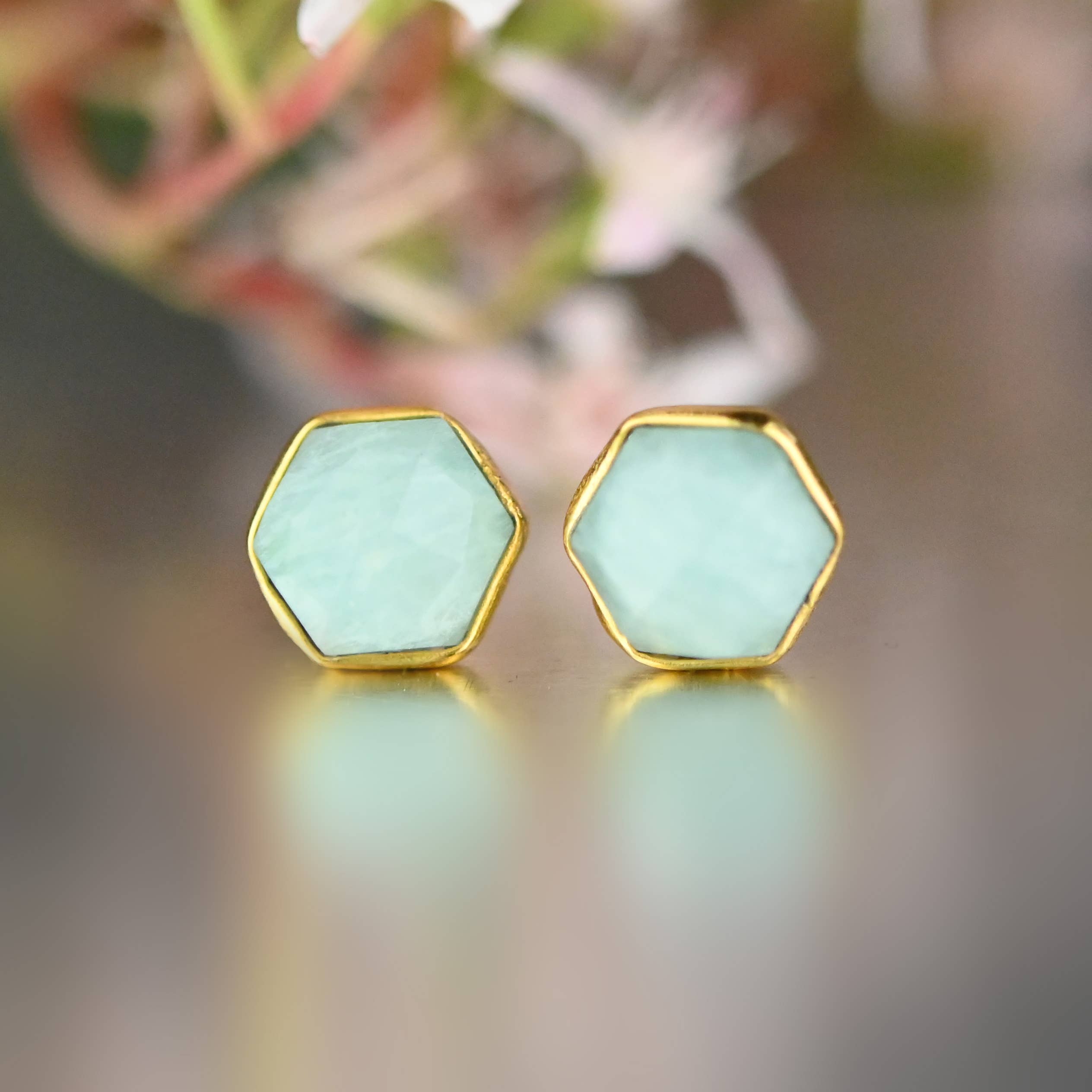 KBD Studio - Wholesale Stud/Post Earrings - Semi Precious Hexagon Gemstone Studs (8mm gold)1