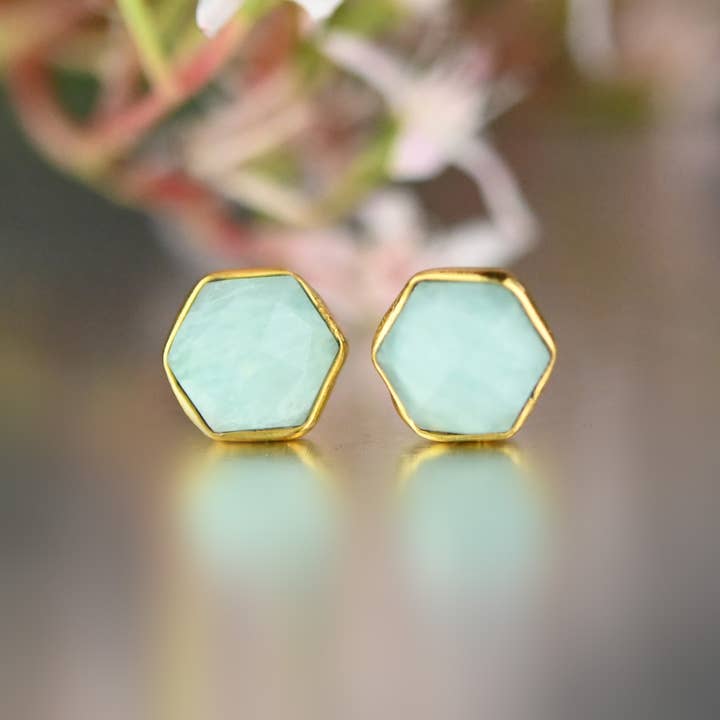 KBD Studio - Wholesale Stud/Post Earrings - Semi Precious Hexagon Gemstone Studs (8mm gold)1