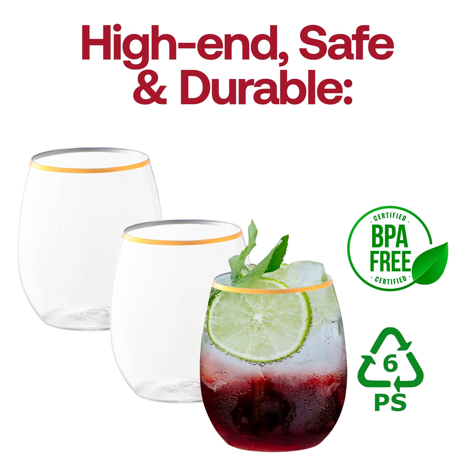 Smarty had a Party - Vente Verres à vin - Verres à vin en plastique transparents avec dorure de 12 oz - 64 pièces5