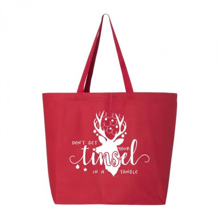 Tinsel in a Tangle Funny Christmas Tote | Holiday Totes for wholesale by Suzy Swede