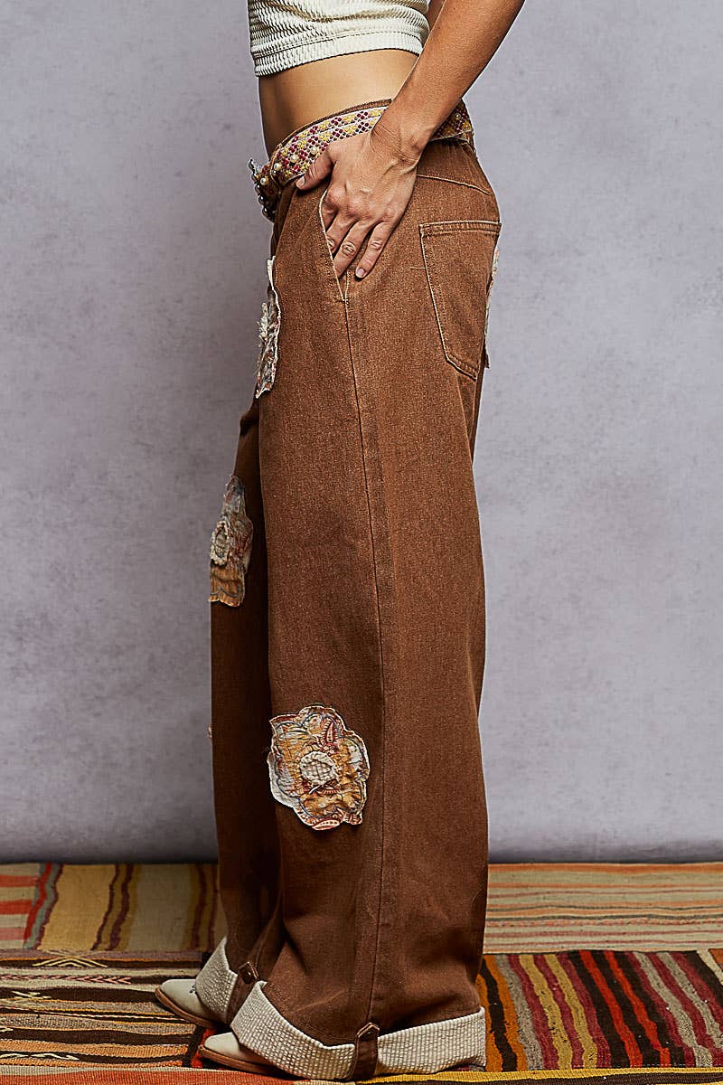 Pol Clothing - Wholesale Pants - Women's - Floral Patchwork Rolled-up Denim Straight Pants21