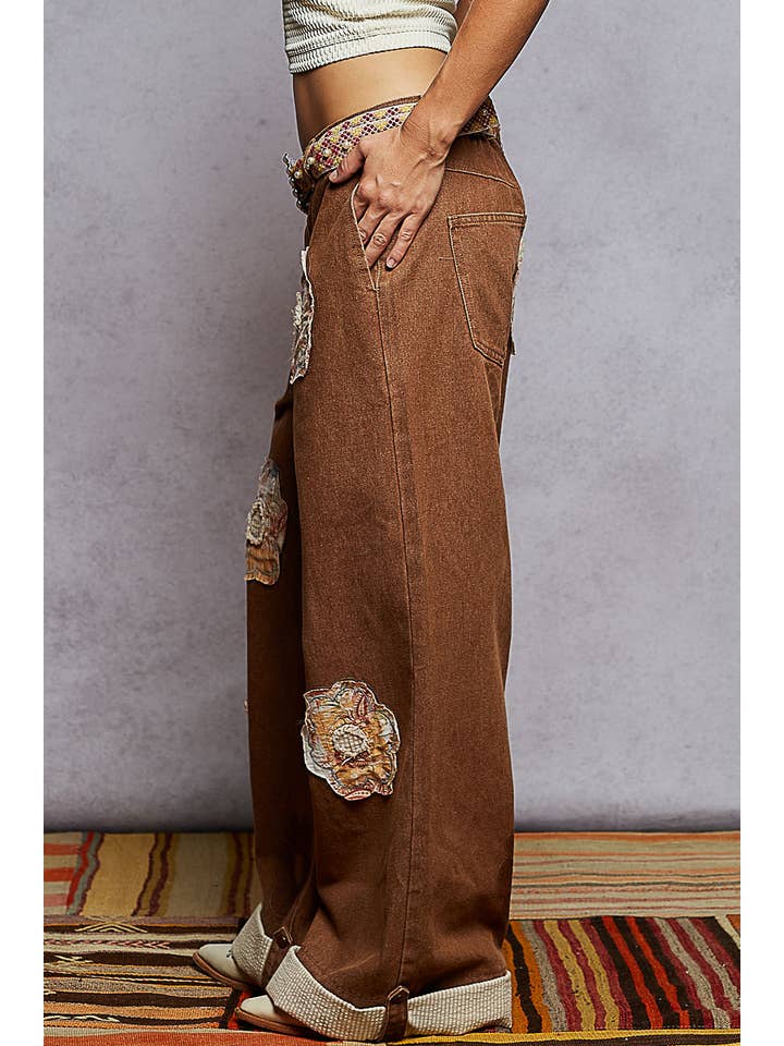 Pol Clothing - Wholesale Pants - Women's - Floral Patchwork Rolled-up Denim Straight Pants21