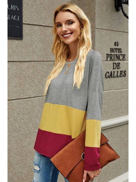 Elings - Wholesale Tunic - Women's - Round Neck Color Block Loose Top-Clearance1