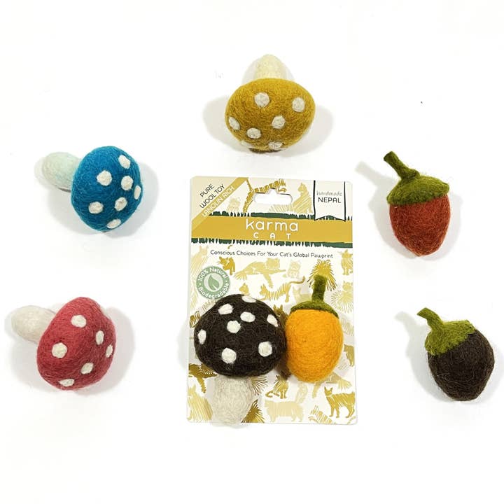 Karma Cat Inc. - Wholesale Pet Toy - Cat - Cat Toy, Pack 2, Mushroom & Acorn