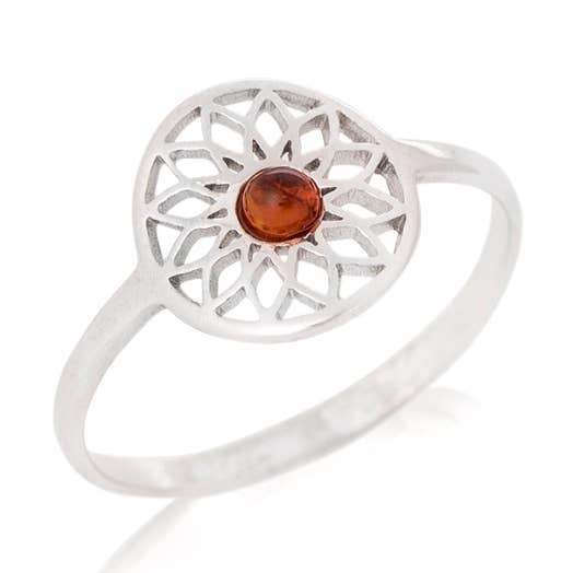 Flower of life ring with natural cognac amber, sterling silver for wholesale by OPALOOK France