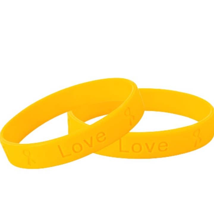 50 Pack of Gold Childhood Cancer Silicone Bracelet Wristbands for wholesale by The Awareness Company