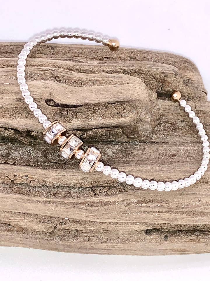 Cuff Alloy Plated 3mm Bead w/Glass Beveled Glass 7-8” for wholesale by Rant & Rave Classic