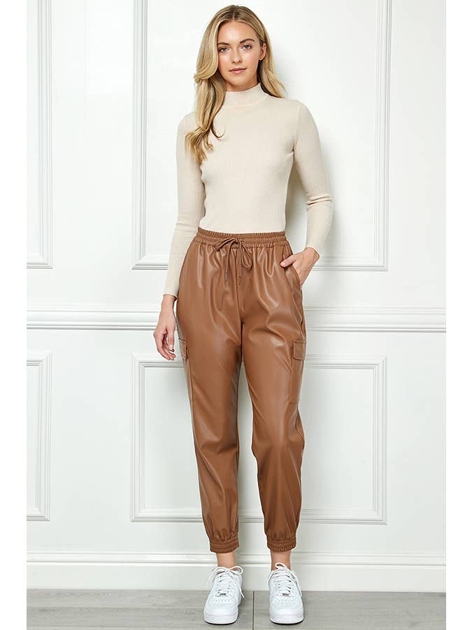 Veracci - Wholesale Pants - Women's - High Waisted Faux Leather Cargo Jogger Pants