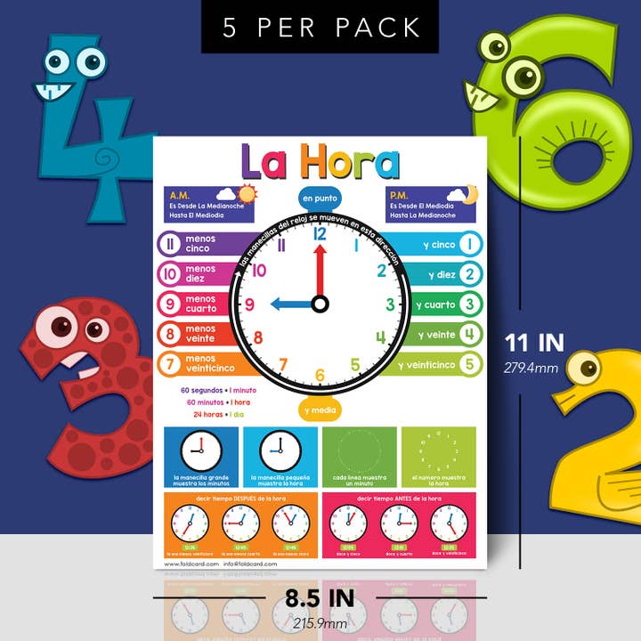 Fine Cardstock - Wholesale Learning cards – Child & baby - Spanish Colorful Time Chart for Kids - Learn to Tell Time | Durable Cardstock | 8.5" x 11" | 5-Pack1