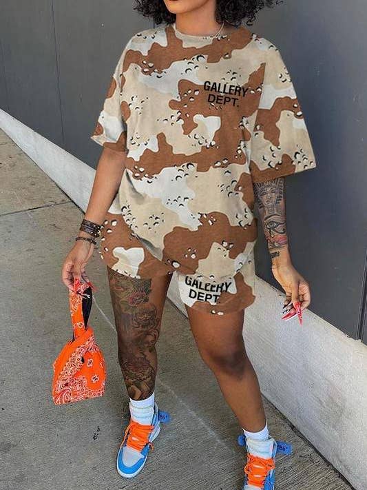 Flarix - Wholesale Lounge Set - Women's - camou graphic tee and shorts set