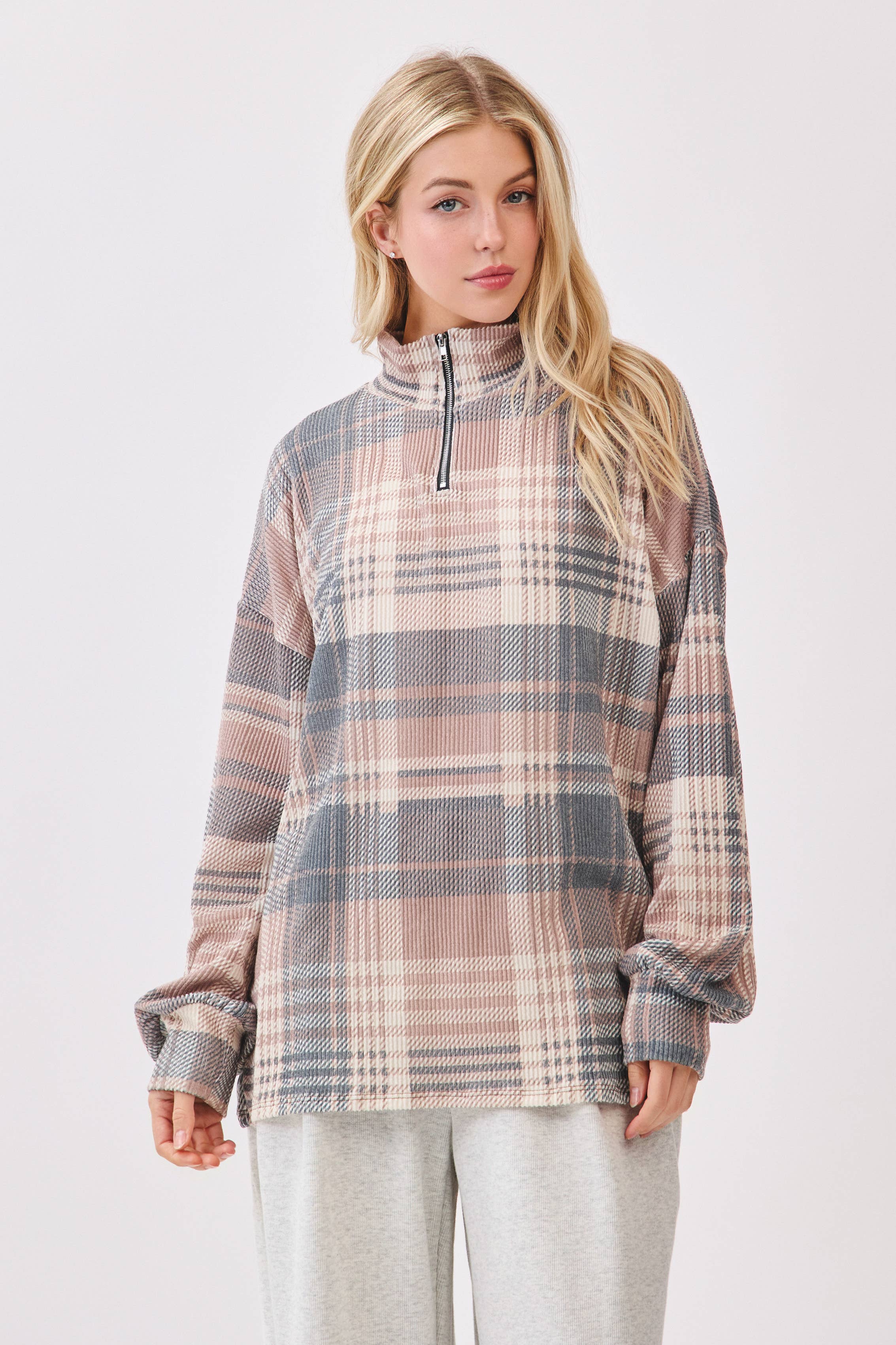 As shown TL2091 Plaid Quarter-Zip Pullover  for wholesale on Faire1