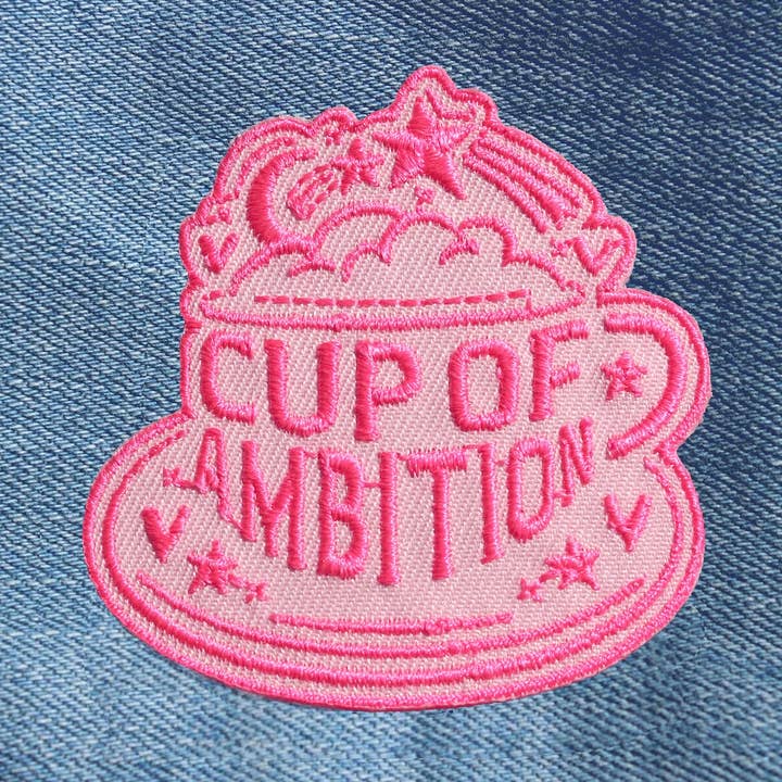 Cup of Ambition Embroidered Patch - Pink for wholesale by Rootin' Tootin' Tees