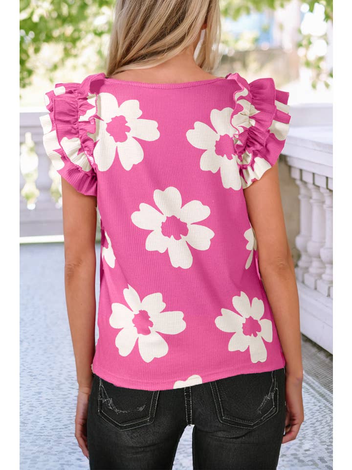 Little Daisy Closet - Wholesale Blouse - Women's - LDC Floral Ruffled Short Sleeve Square Neck Textured Blouse