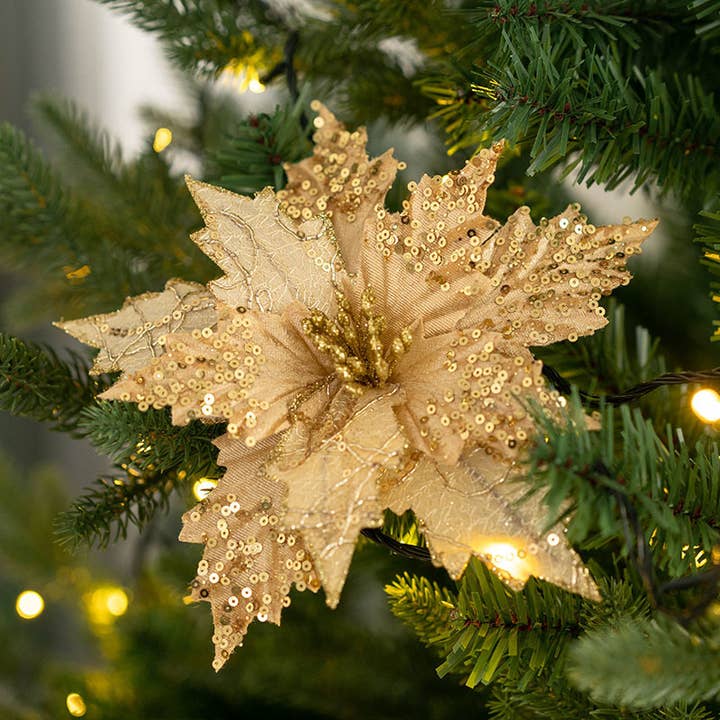 Sweet Home Deco - Wholesale Christmas Decoration - 8''W Fabric Poinsettia Flower, Sparkled Christmas Poinsettia