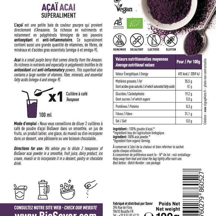 BioSavor - Wholesale Protein/Superfood Powder - Organic Açaí Powder 100 g1
