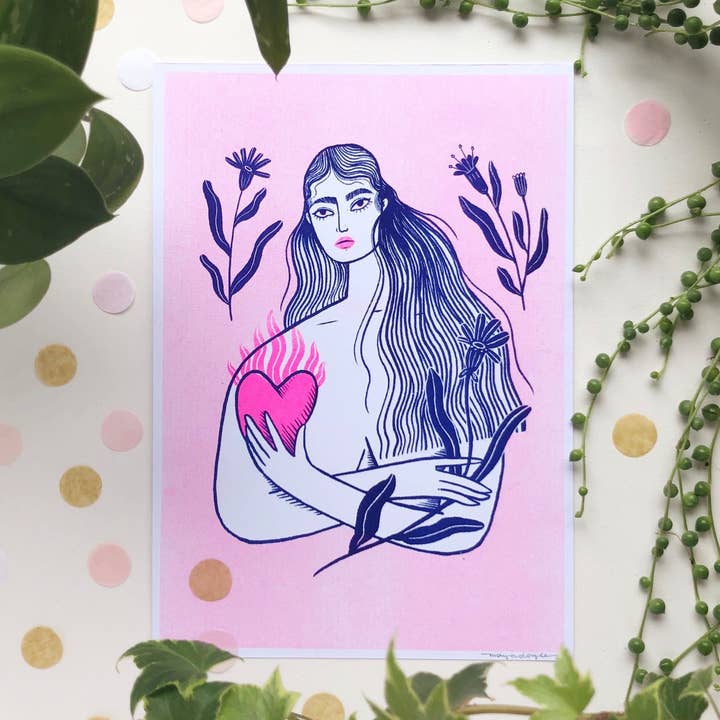 Heart In Hand Pink Riso Print for wholesale by Uschie