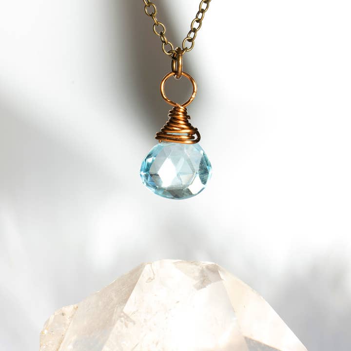 Blue Topaz Wire Wrapped Droplet Pendant Necklace for wholesale by Edgy Petal Jewelry