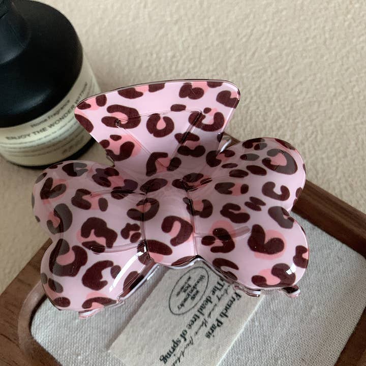 Bright Pink Leopard Print Bowknot Shape Hair Claw for wholesale on Faire