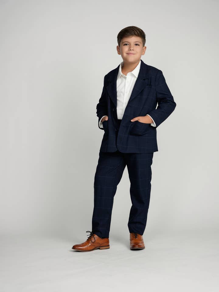 Navy Plaid Windowpane Dress Pants for wholesale by Mofi Boys Clothing