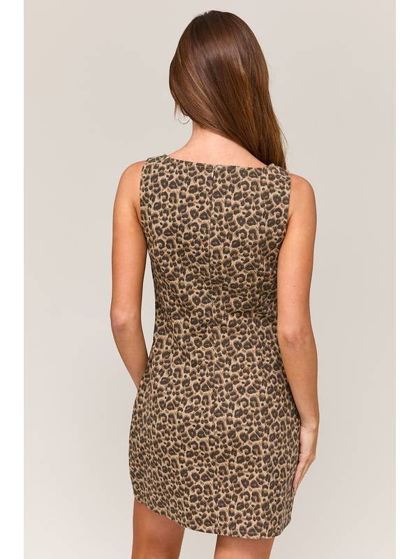 Taupe brown Leopard Boat Neck Sleeveless Mini Dress for wholesale on Faire