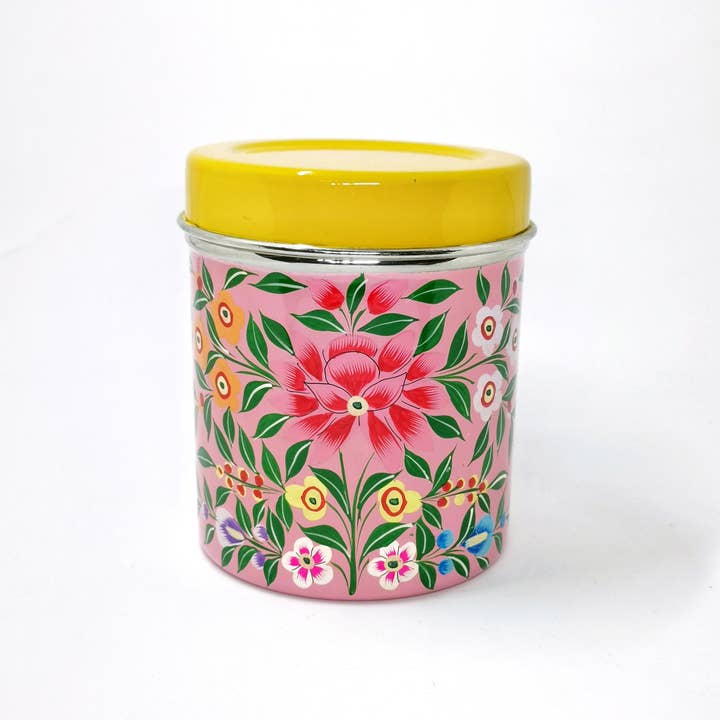 Indian enamel tea caddy with pink flower pattern for wholesale by Nayda Diaries