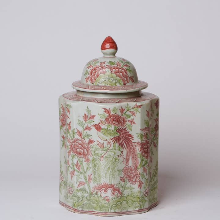 Cobalt Guild - Wholesale Decorative Jar - Pink and Green Porcelain Golden Pheasant Ribbed Lidded Jar