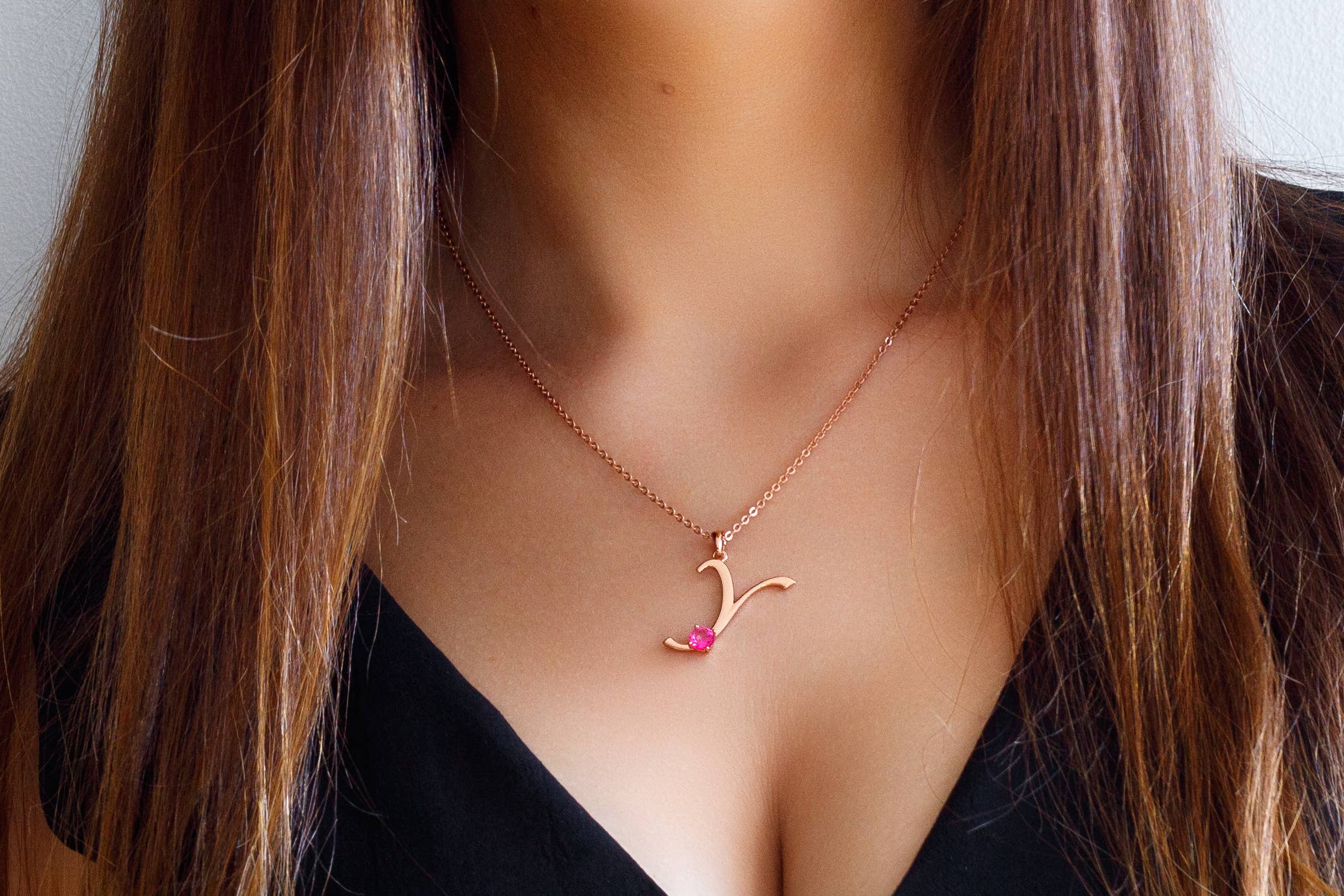 Thesoftcheek Jewelry - Wholesale Pendant/Charm Necklace - Initial Letter Necklace Silver Rose Gold Vermeil- Pink Topaz24
